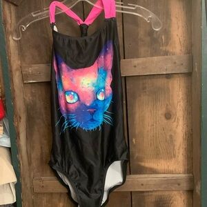 Cat face on black bathing suit girls XL